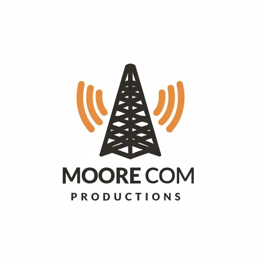 logo, Cell Tower, with the text "Moore Com Productions", typography, be used in Technology industry