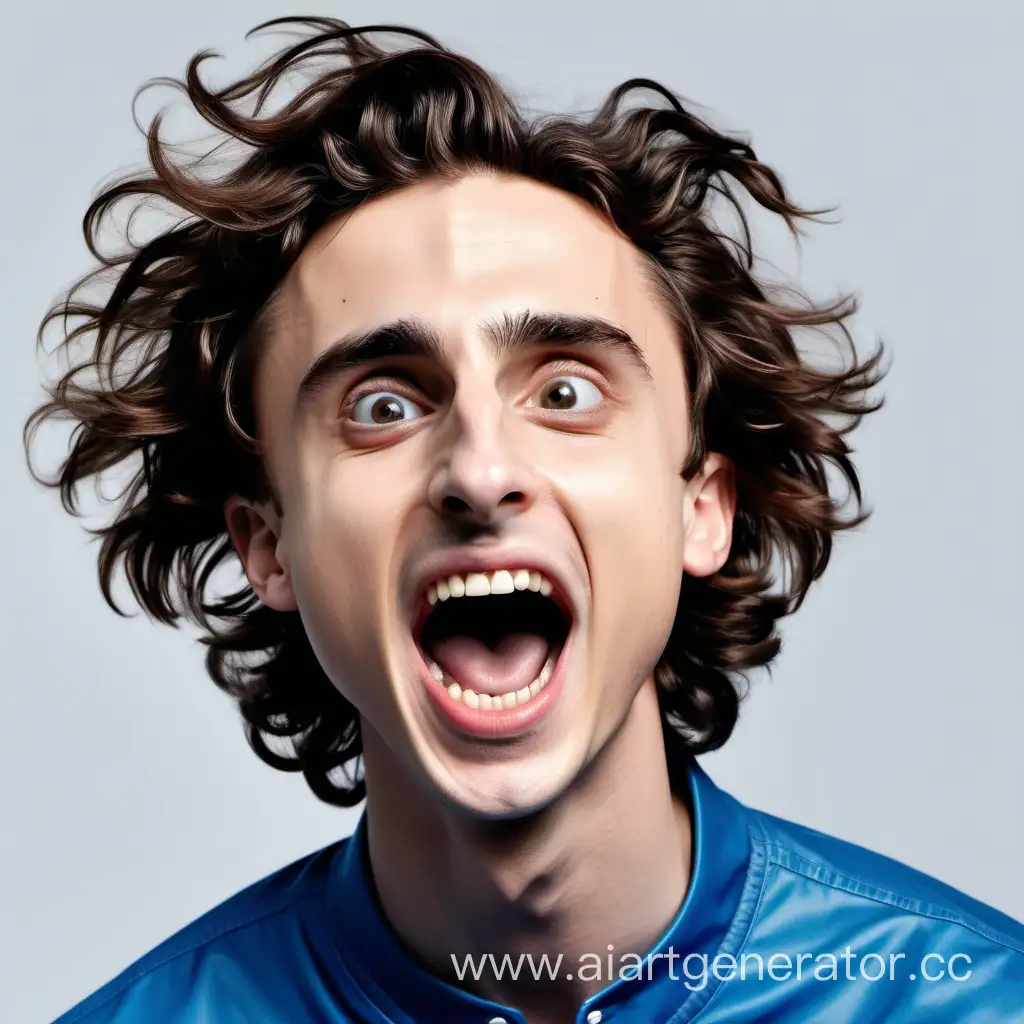 Very much surprised, joyful, emotional Timothée Hal Chalamet with open mouth shouting with joy, he is very happy and joyful as if exploding with happiness from inside, strong wind develops his hair, frontal photo, well lit face, white background, light and blue colors and blue clothes