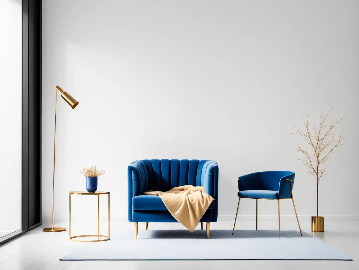Modern Minimalist Living Room with Blue Chair and Golden Decor
