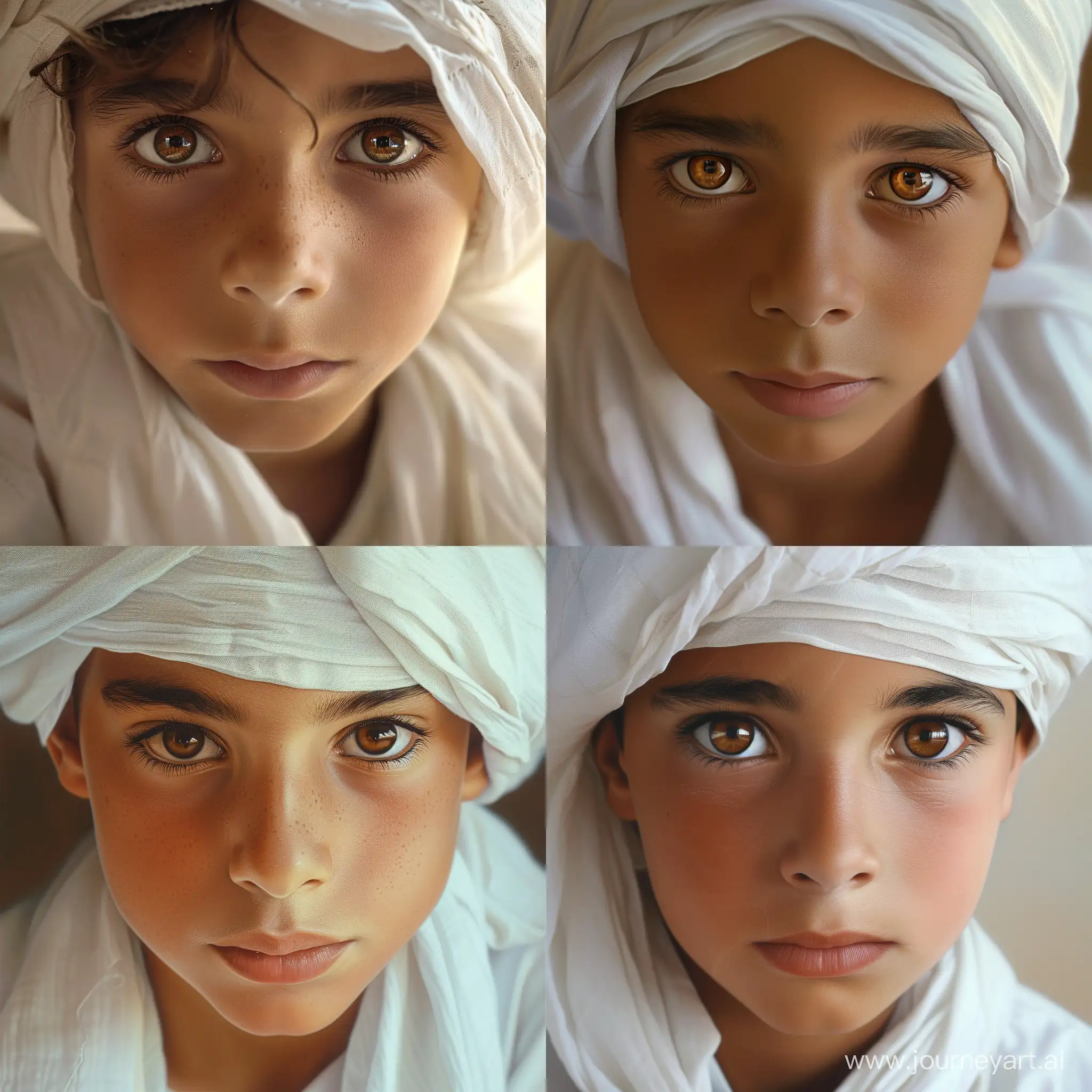 ancient Egyptian boy, expressive brown eyes, white clothes, concentrated gaze, close-up photo, professional photo, hyperrealism, 4k, light tan, painting