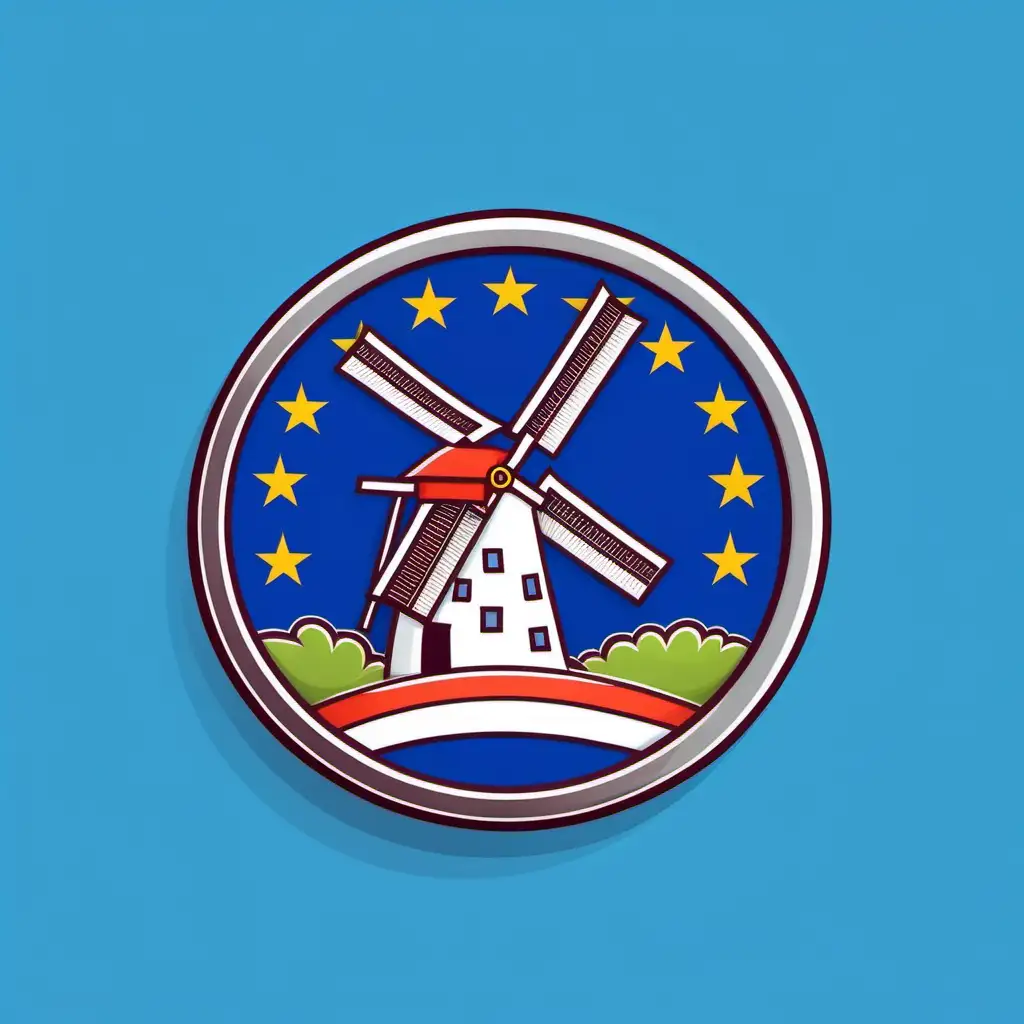 A badge of Dutch Mill. The European Union flag waving beside it (cartoon style)