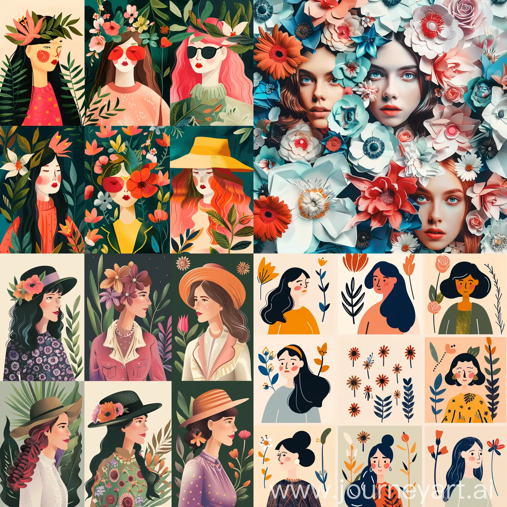 ledies and flowers, collage in flat style, high quality details,