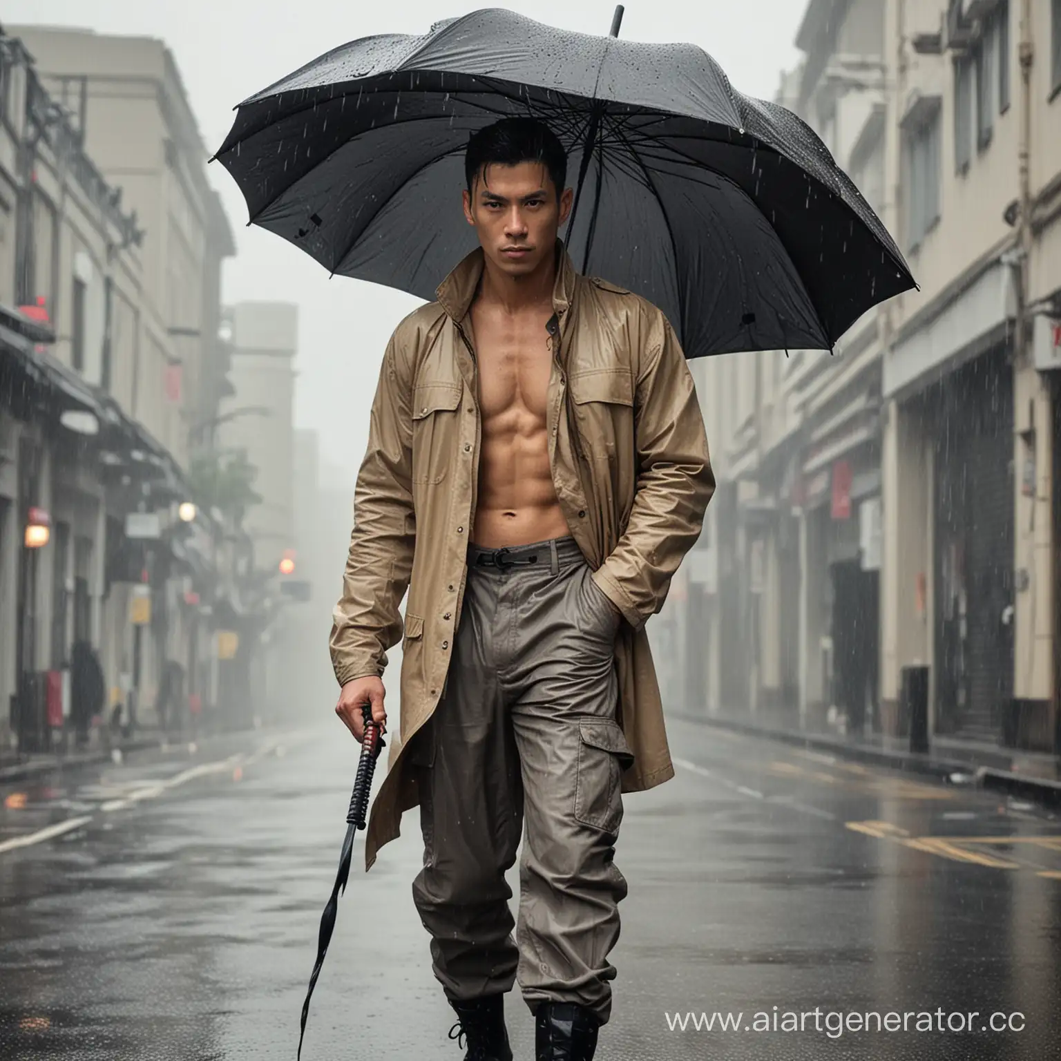 Серое небо, мокрый асфальт, мужчина в бежевой куртке и брюках карго, на спине висит чёрный зонт катана