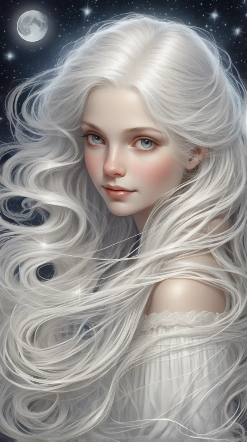 Weaving sparkling hair strands from moon beams, Annie sews happy dreams Woven with starlight, pure and white.
Old Annie May, with age-kissed face,
 “-v 6”