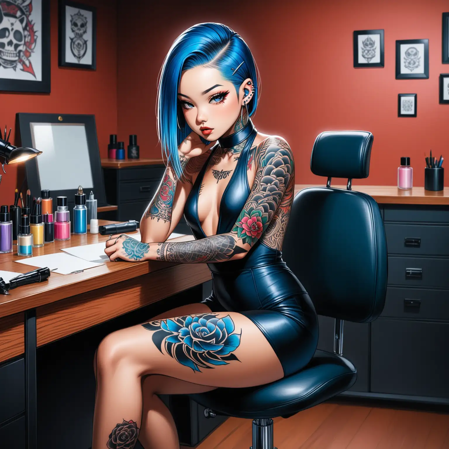 A beautiful girl is sitting on her desk at her tattoo studio, wearing a sexy, yet practical outfit. She is a sultry, petite half-Filipino and half-Korean girl with small breasts, tattoos and piercings. Her blue hair is slicked back, sleek, and has multiple shades of blue running through it. It's a perfect mix of edgy and classic.