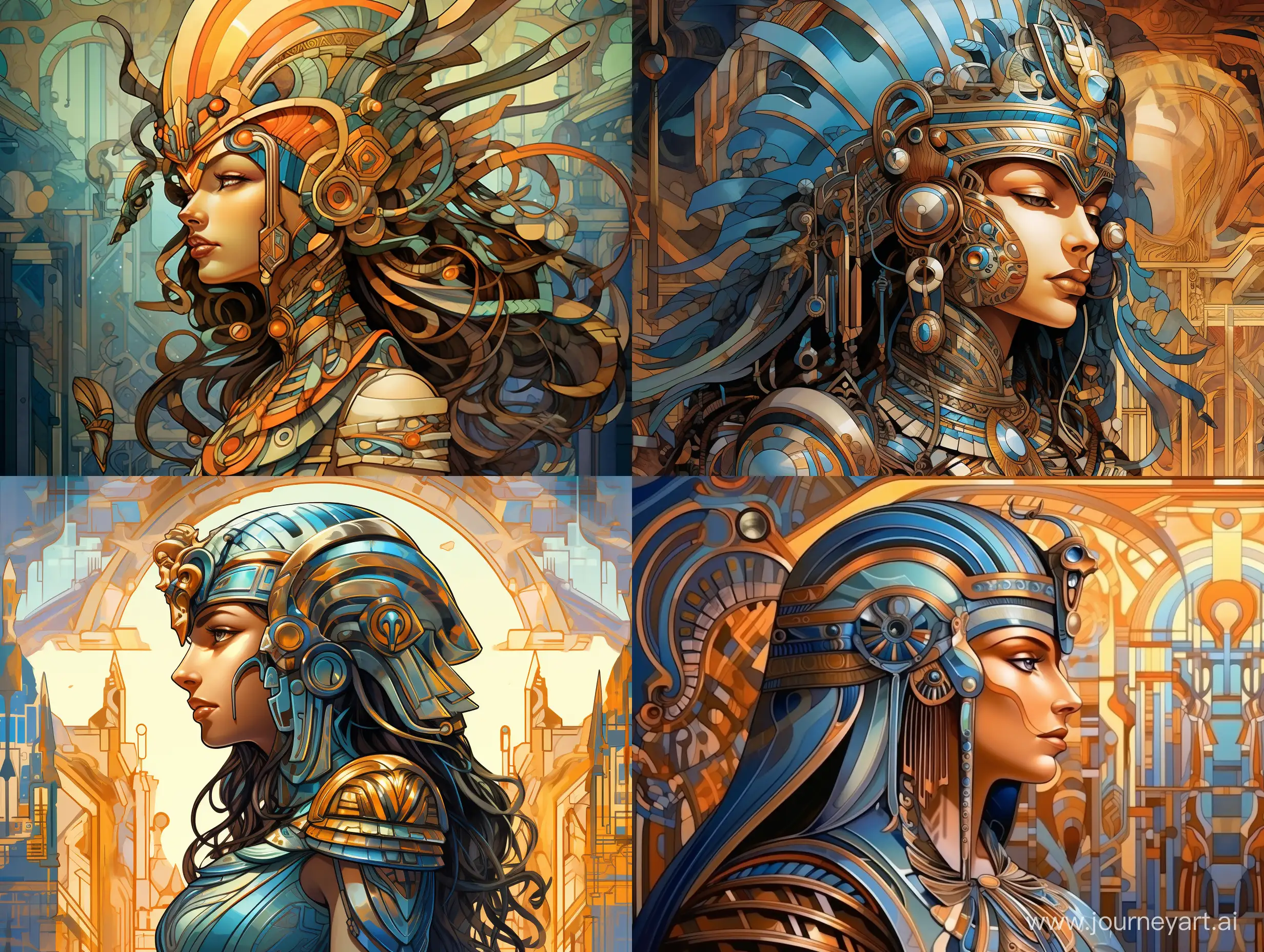 The Empress of Ancient Egypt, in profile, in armor, central portrait, ancient civilization, against the background of the pattern of ancient Memphis, fabulous illustration, stylized caricature, Victor Ngai, watercolor, decorative, flat drawing