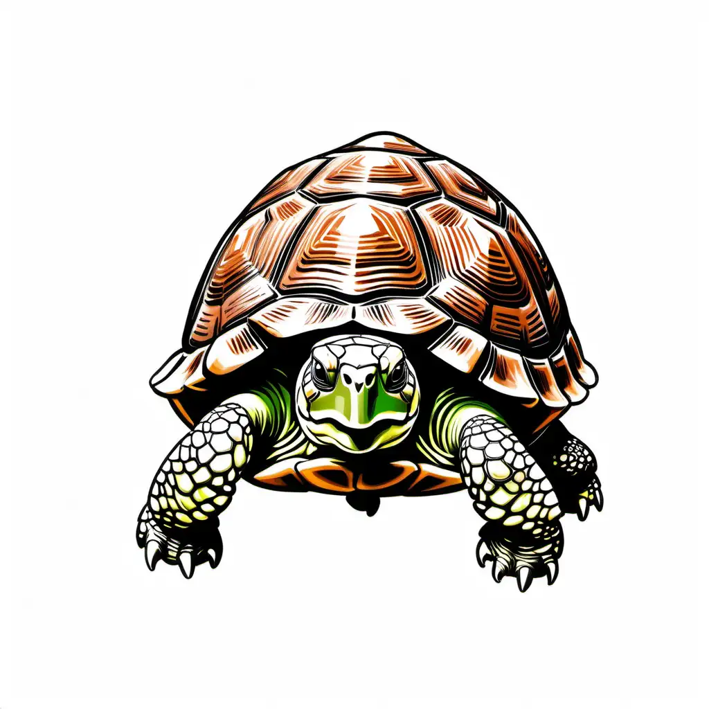 sketch of an upside down brown and green cartoon tortoise; plain white background