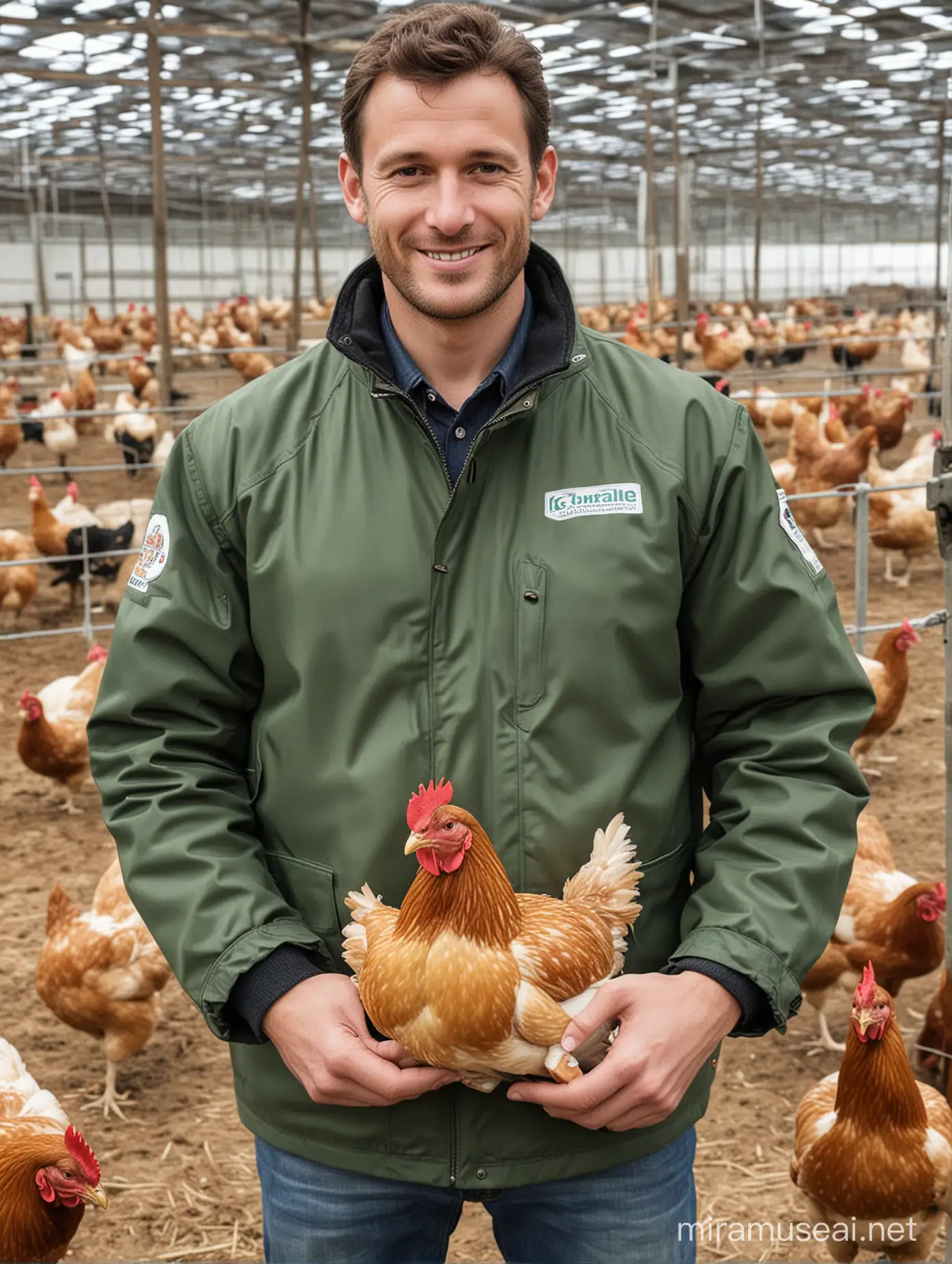 Give picture of man provide for for chicken in larger poultry farming wearing jacket Named "MICHAEL"