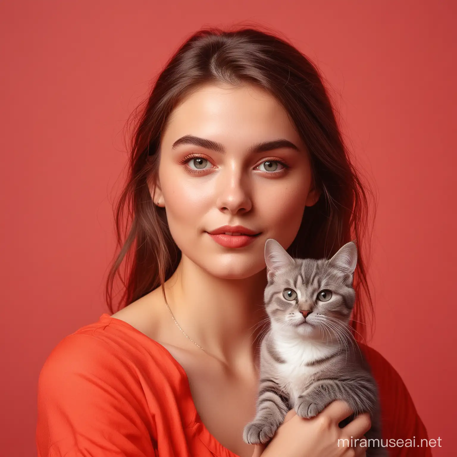 Modern Young Girl with Cat on Bright Crimson Background