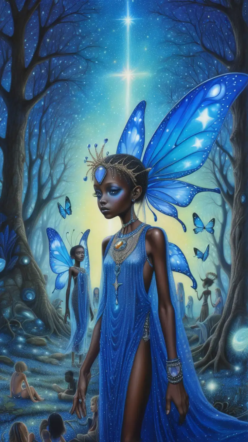 fairy of saddness, blue gothic grunge, jewels gleaming in the sky, melanin, alien forest, busy, enosis, friends, Pointillism, students and families in the background 
