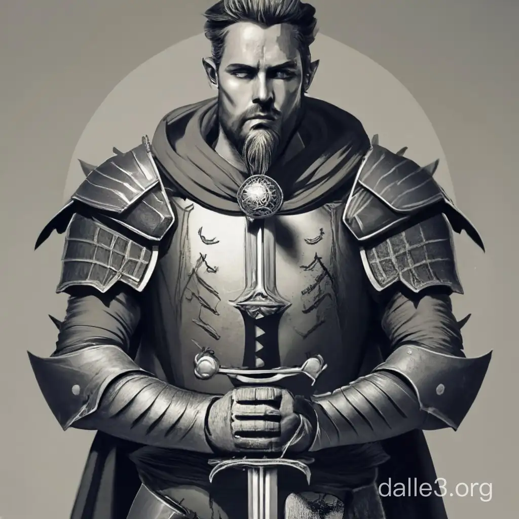 Male human paladin with a greatsword black and white image