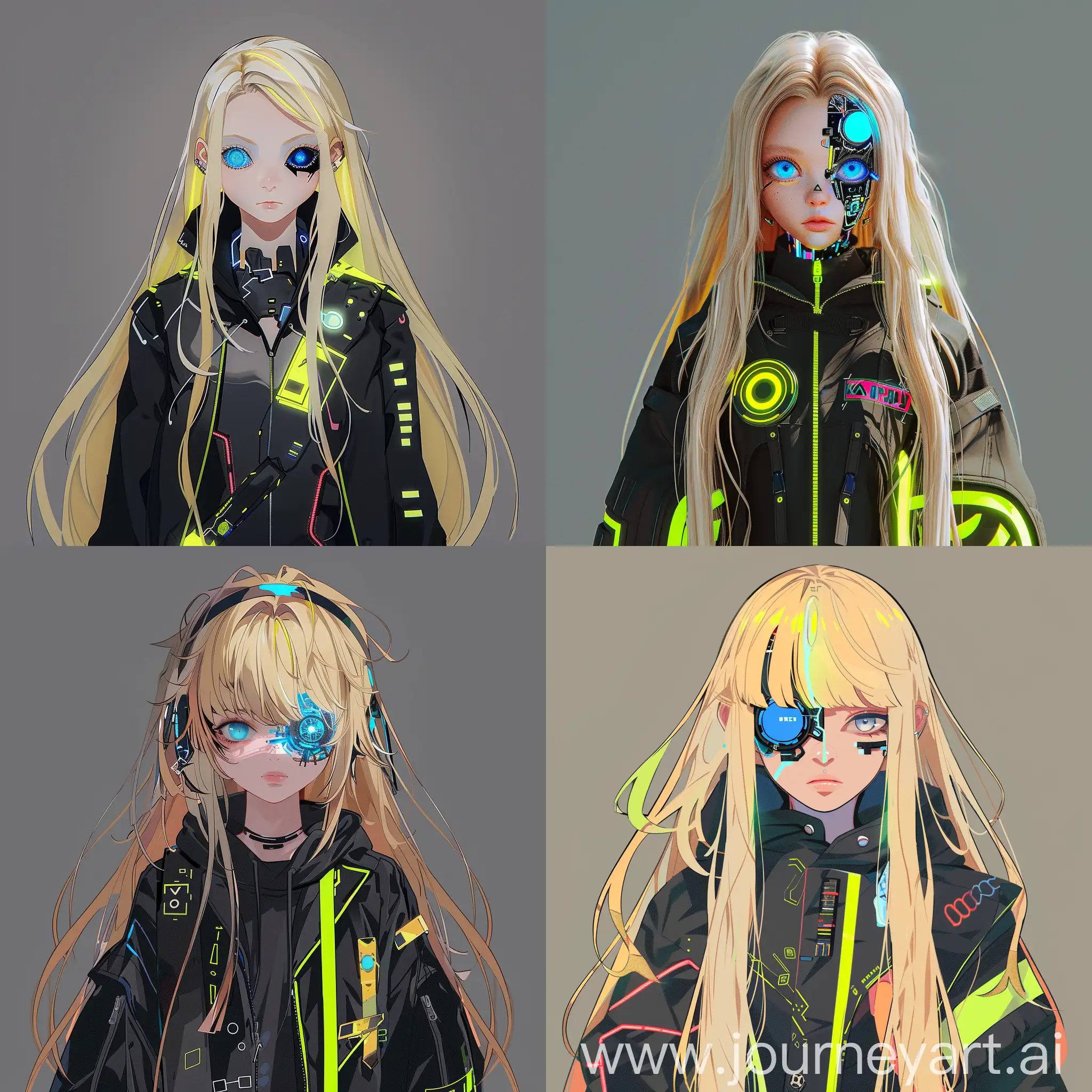 Teenager girl, long blonde hair, one blue eye one cyber eye, neutral face, Black clothes with neon features, cool tech clothes mixed with k-pop clothes, semi-realistic style