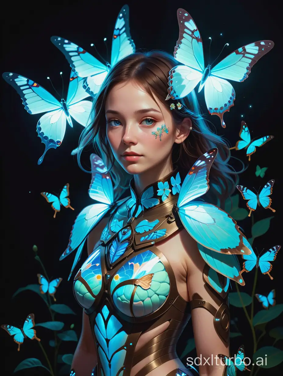 a woman in flower armor, bioluminescent butterflies, surreal art, neogenic art