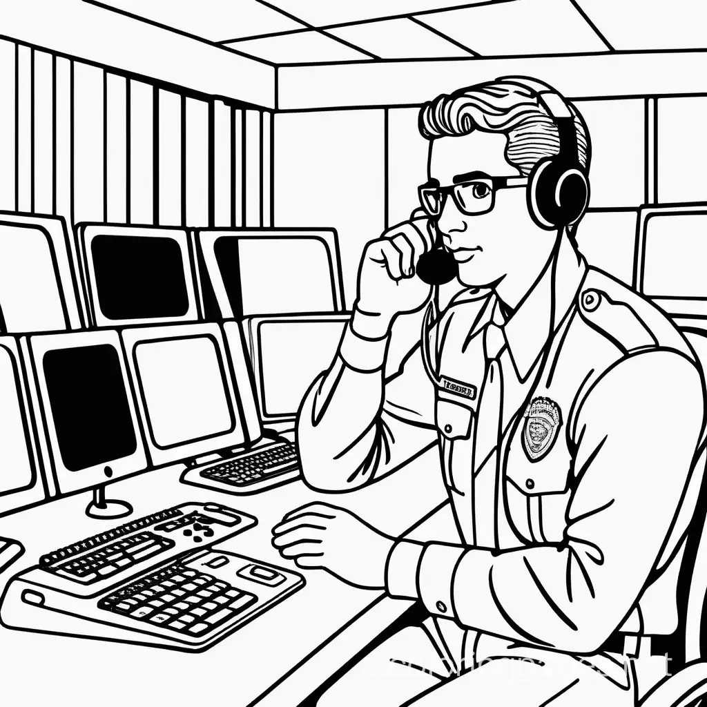911 male dispatcher, Coloring Page, black and white, line art, white background, Simplicity, Ample White Space. The background of the coloring page is plain white to make it easy for young children to color within the lines. The outlines of all the subjects are easy to distinguish, making it simple for kids to color without too much difficulty