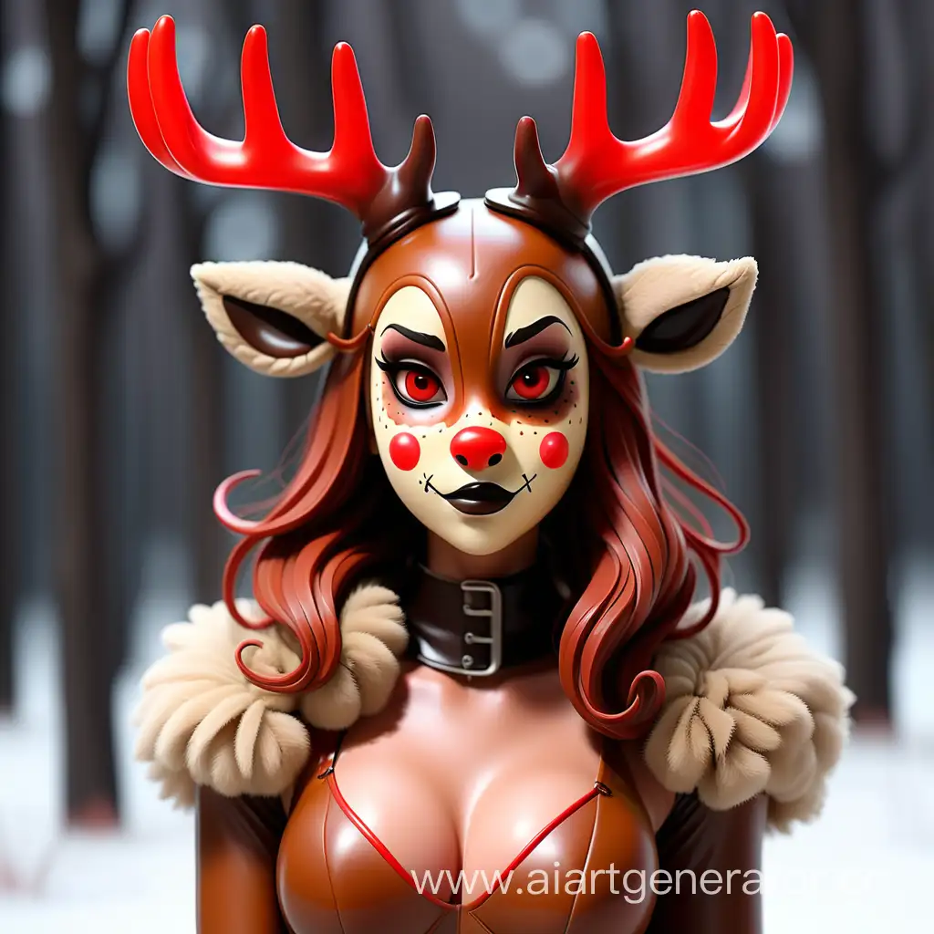 Латексная девушка фурри олень с коричневой латексной кожей с мордой оленя вместо лица с красным светящимся носом