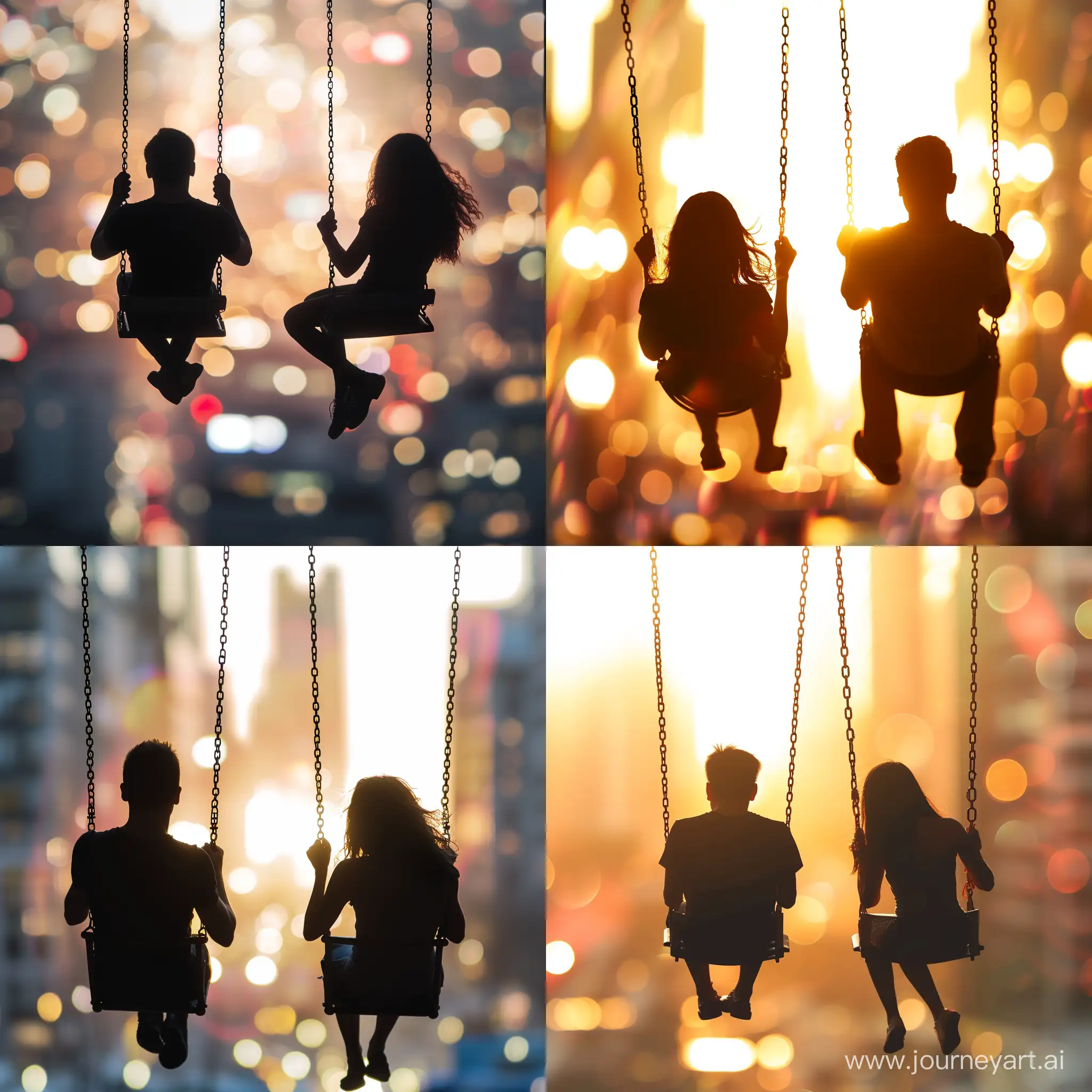 Urban-Romance-Silhouetted-Couple-on-Swings-in-Cityscape