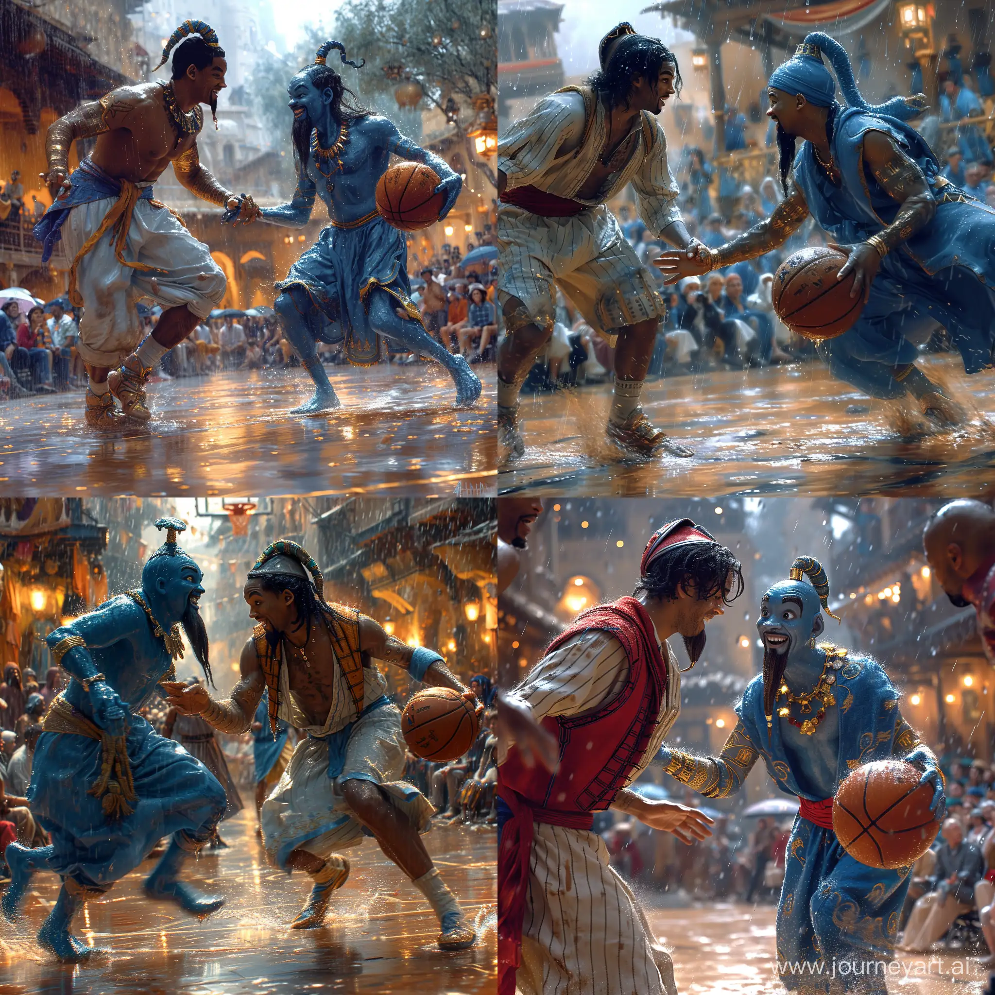 A realistic picture of aladdin and the genie playing basketball in the rain, in front of an audience watching the match, with blur in the background, accuracy, focus, and very fine details on fabrics, skin, and skin --stylize 750 --v 6