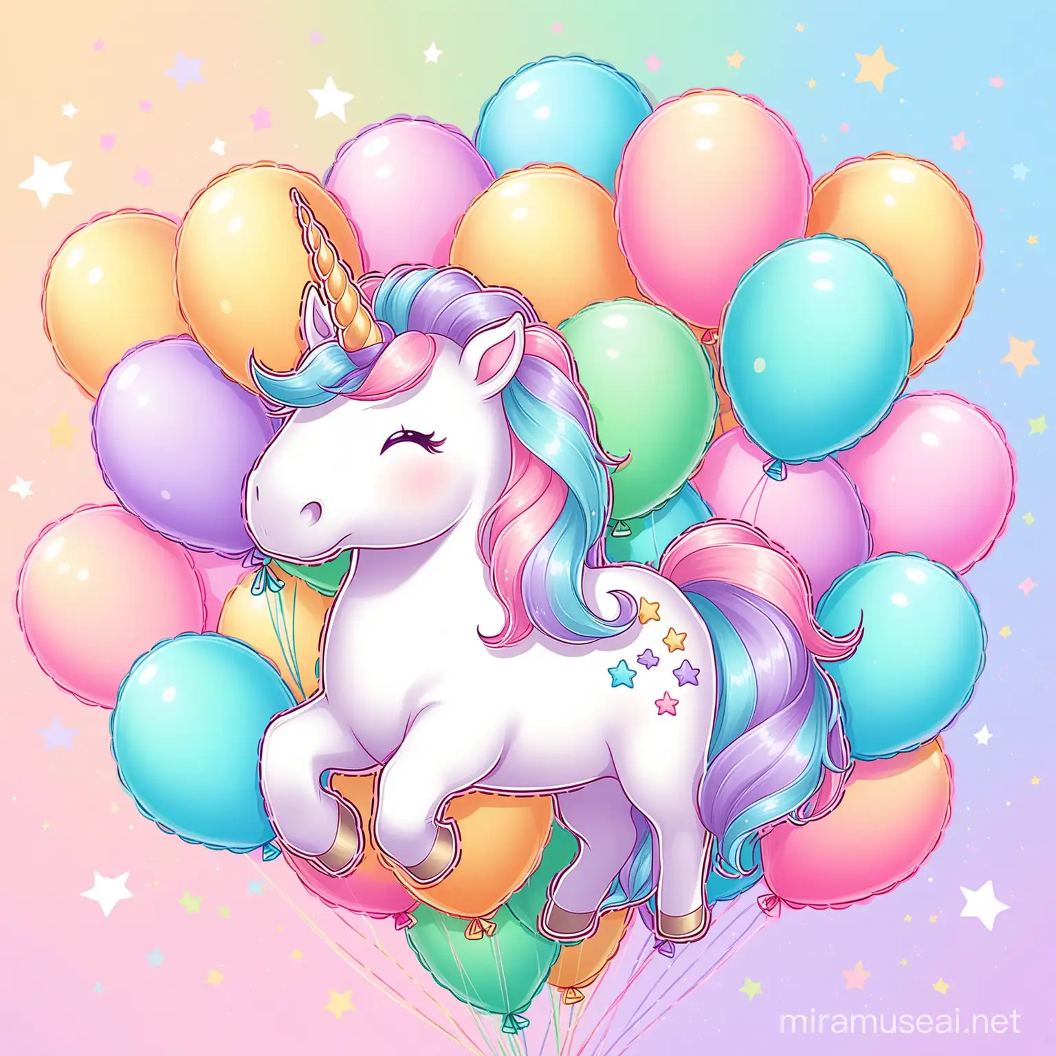pastel image of a cute unicorn holding 11 balloons of different colors