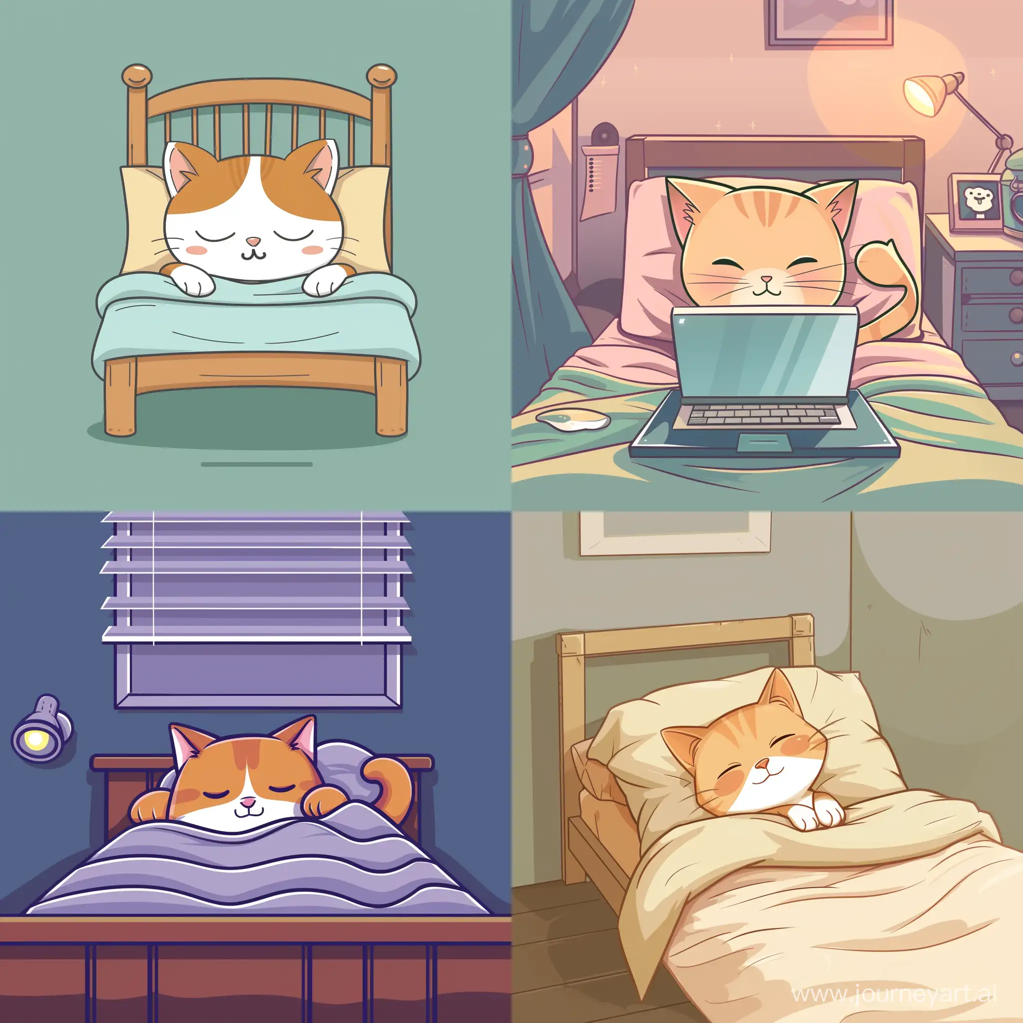 Cute programmer kitty goes to sleep in a bed in the Philippines. In the style of a cute cartoon --v 6 --ar 1:1 --no 40591