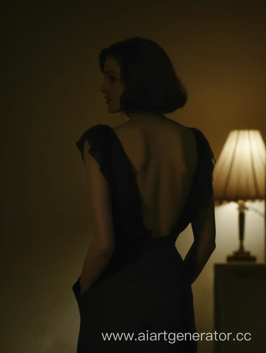 актриса стоит спиной к камере в слабоосвещенном помещении