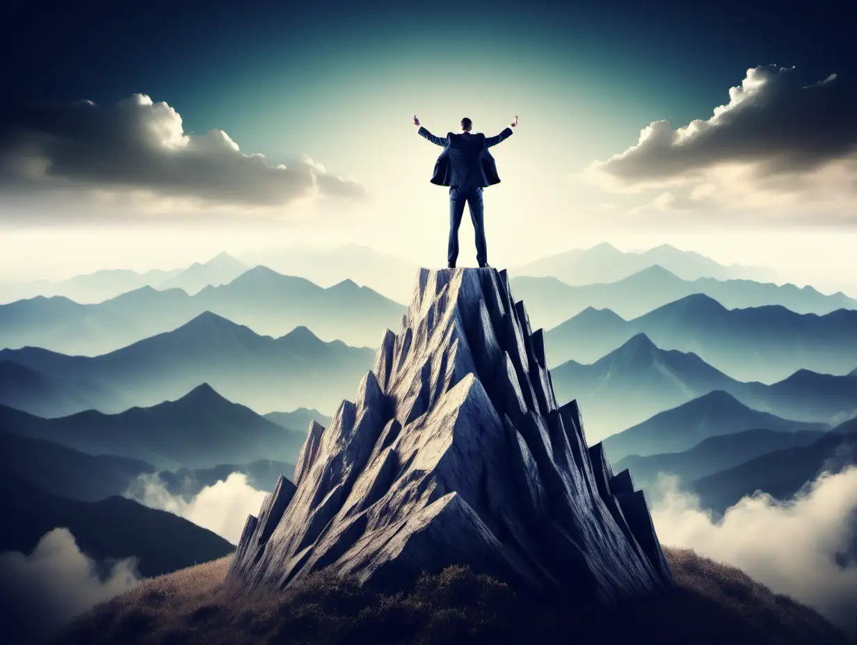 Business success concept with businessman on top of mountain,