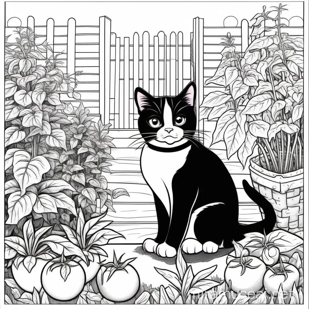 kids coloring book , garden scene, tomato, plants, tuxedo cat