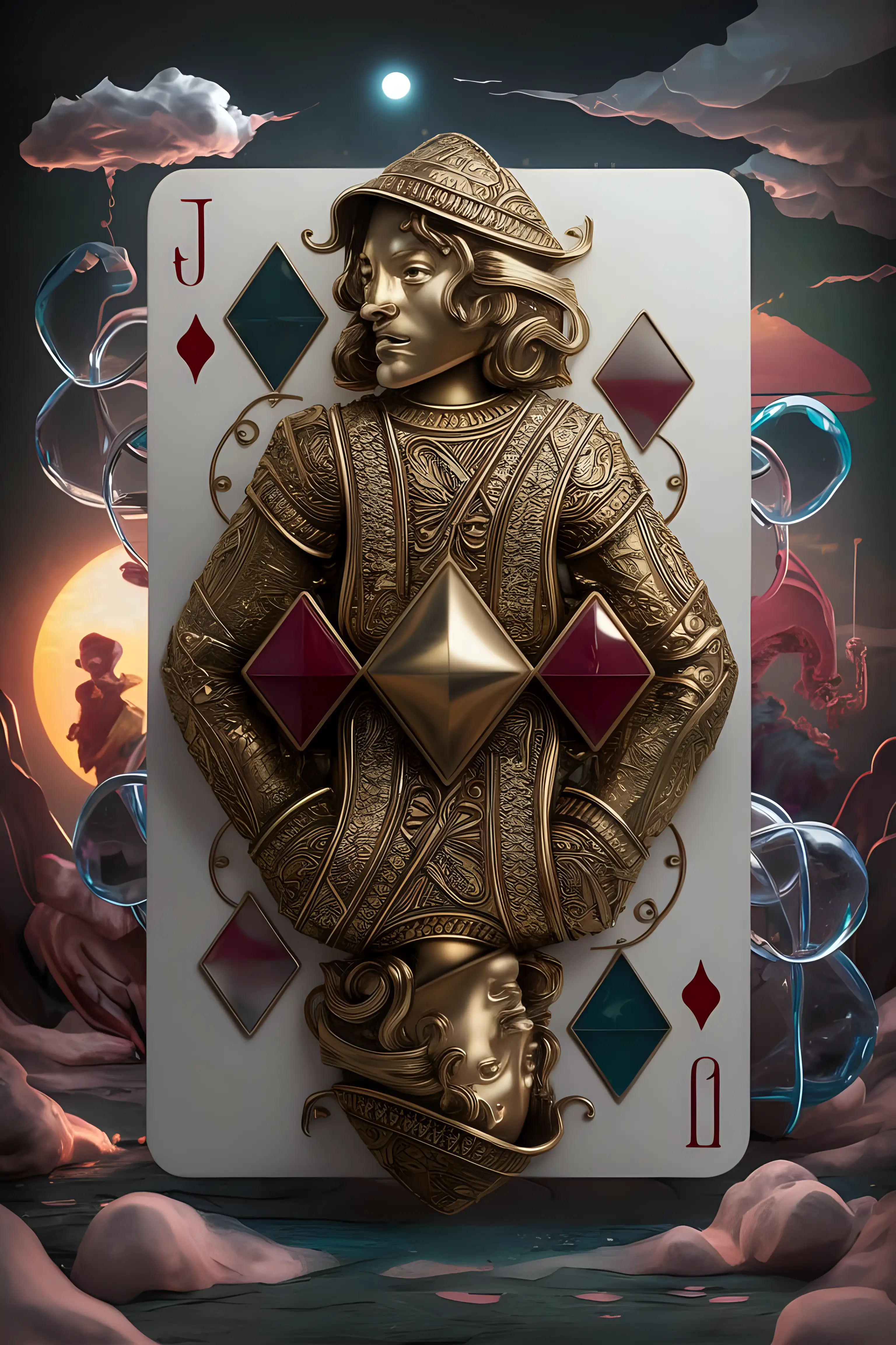 An intricate illustration style design of a Jack of Diamonds playing card. Make it surreal. Use brass and/or glass as materials