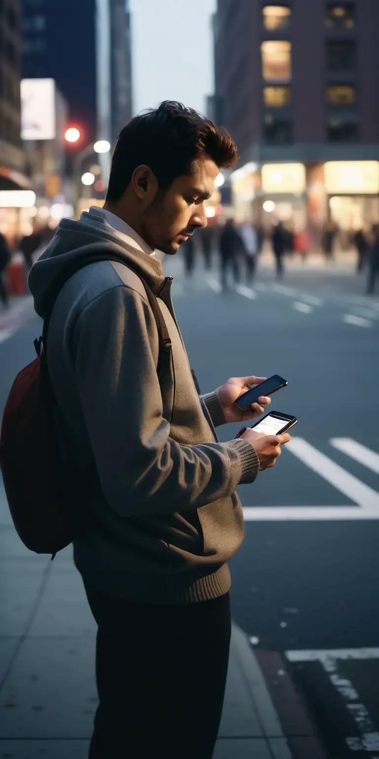 Generate a hyper-realistic image of a man standing outdoors in the evening, in an urban city setting, resembling a photograph of a friend waiting for an Uber on his phone. The man should be in a natural pose, looking at his phone's screen, which displays a map with an Uber-like route, even if the Uber is 10 minutes away. Ensure that the man's face is visible and well-lit, allowing for clear visibility. The background should depict an outdoor cityscape reminiscent of New York City in the evening. The overall scene should convey a strong sense of anticipation and waiting. Pay meticulous attention to details, ensuring that the man, his clothing, the phone screen, the cityscape, and any reflections or lighting effects appear as if they were captured on Kodak 400 film, with subdued evening lighting that enhances the mood of anticipation.
