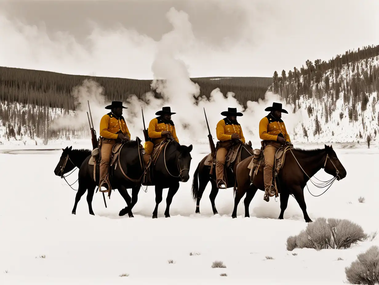 buffalo soldiers on horseback hunting buffalo in Yellowstone in the winter 