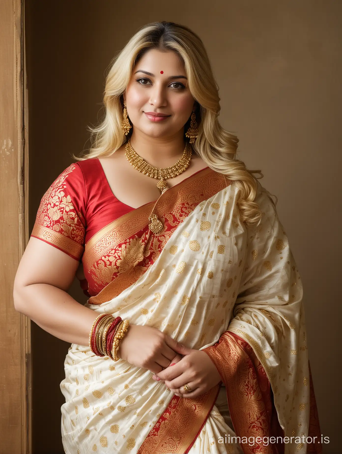 Generate full body  image of a 41 year old very busty fatty breast , big fatty thighs, big fatty hand arm, big fatty ass and curvy completely  American mature very fatty chubby obese woman and very fair white skin with blonde hair wearing Bengali traditional wearing style Banarasi saree and wearing sindur in forehead and red and white bangles in hand and wearing gold necklace with gold jewelry in India puja program 