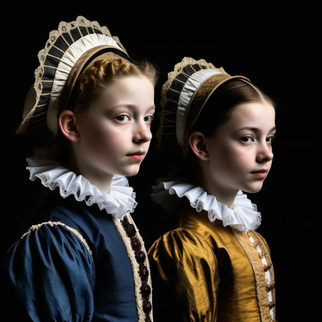 A color profile photo of Elizabethan girls, aged 12 and 15. Both stand sombre. They wear humble work clothes. Set in 1595. 