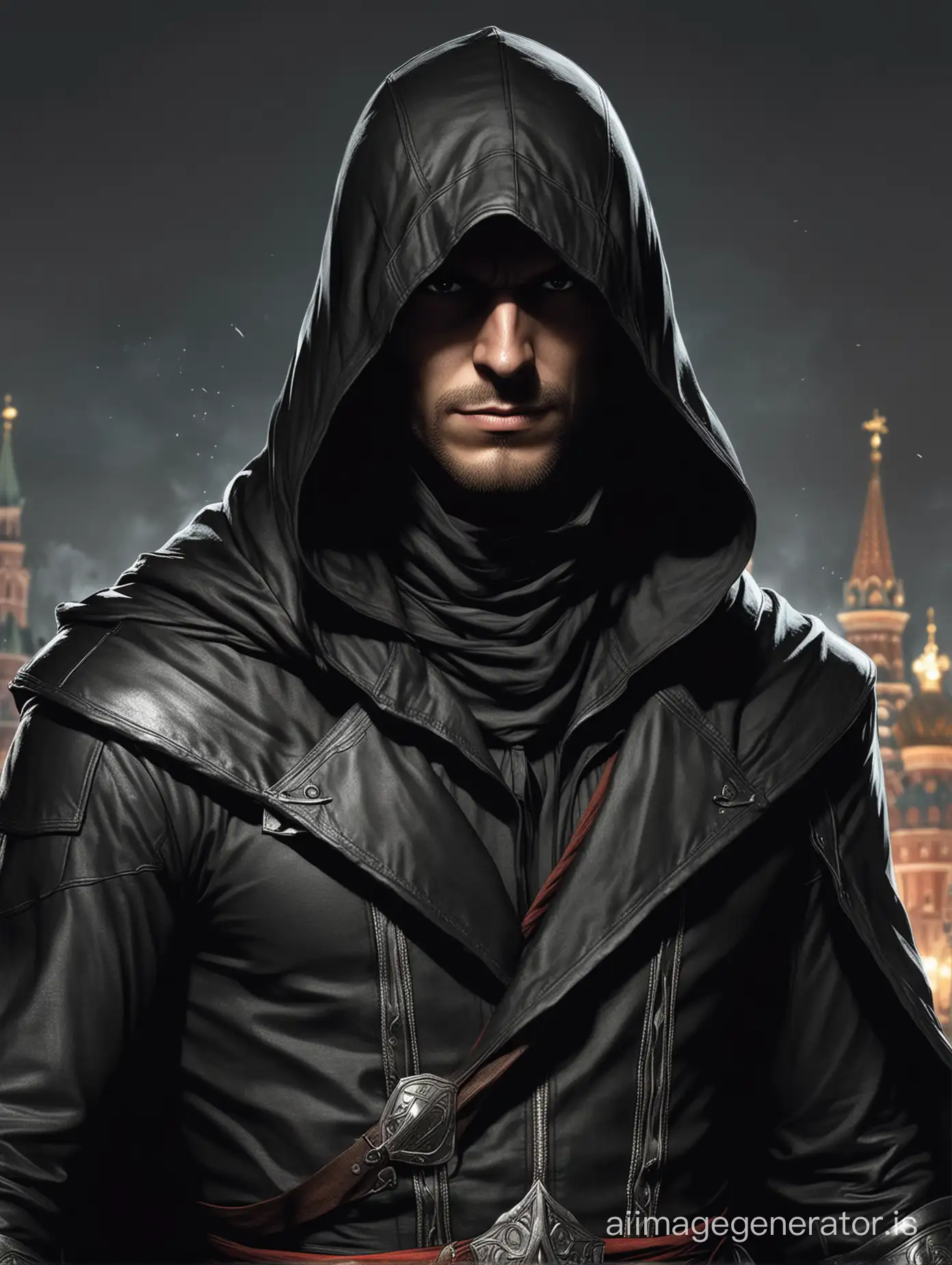 Assassin's creed 1930 Moscow Main hero in black cloak and hood, style comics