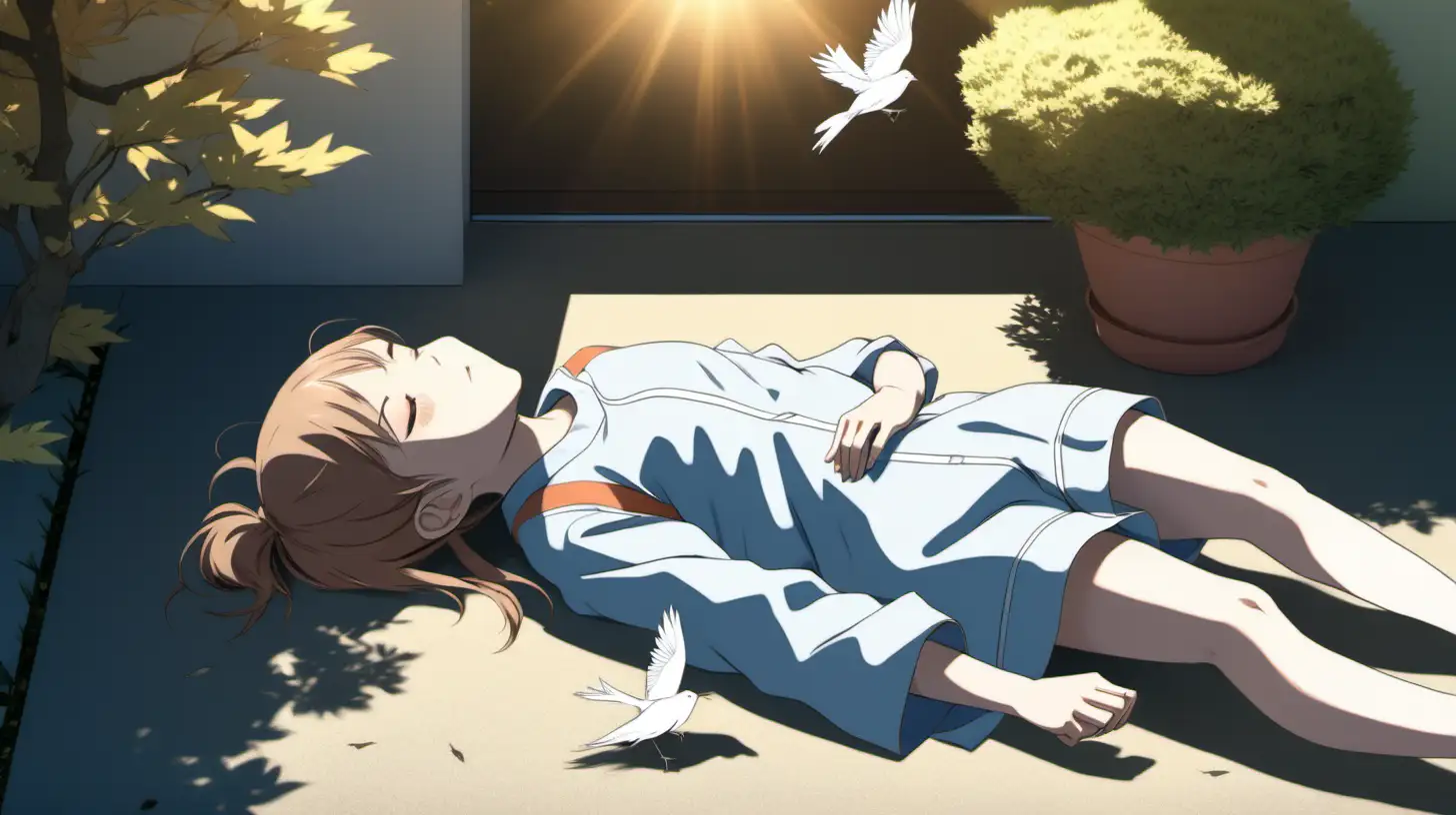 japanese anime inspired, girl taking nap on floor with sunlight, birds, trees in front yard