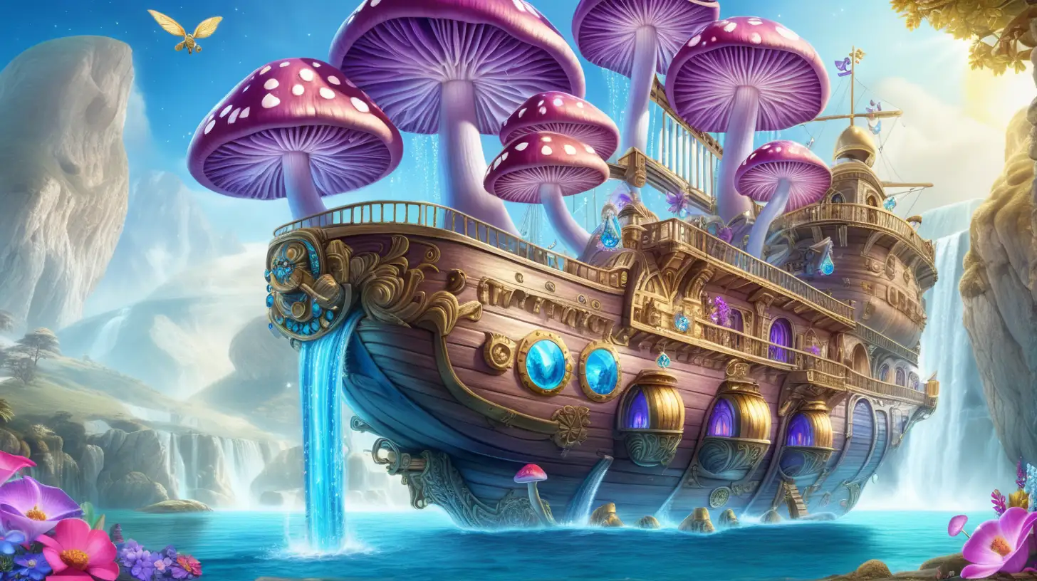 Magical Fairytale bright blue and purple waterfall-mushrooms and gold and gemstones and treasure chests and bright-pink flowers-growing on an old-giant flying ship with bright sunny sky