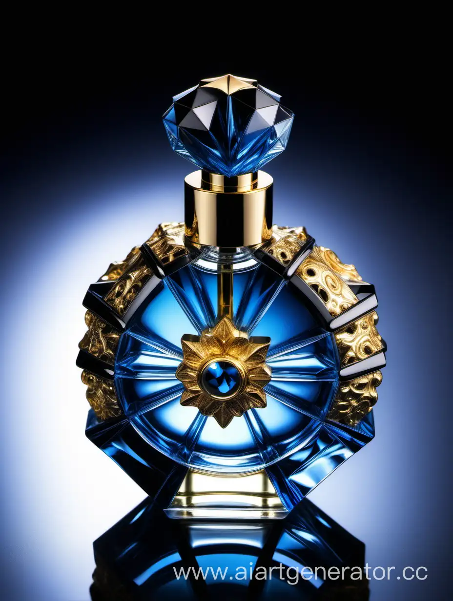 a crystal clear perfume bottle made of blue, black and gold transparent