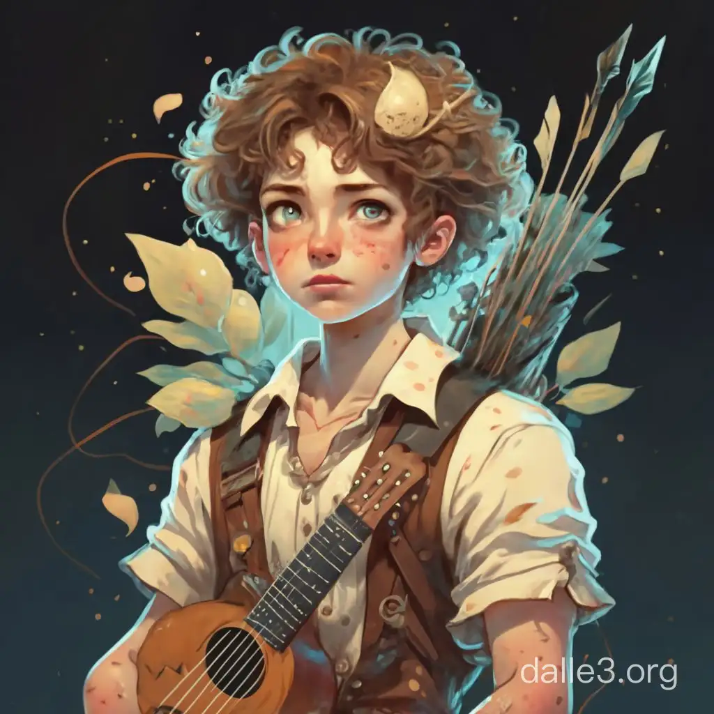 pimply faced teenage boy with curly hair, carrying a ukelele and a bow with a quiver of arrows in a fantasy art style