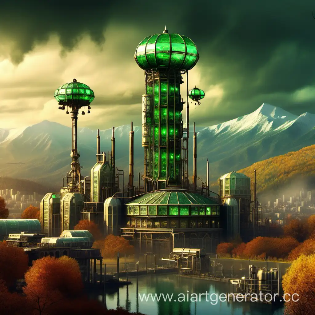 A huge analog computer facility, steampunk, hydraulic, pneumatic and electric assembies, tower, Emerald City, distant mountains, autumn evening, rain