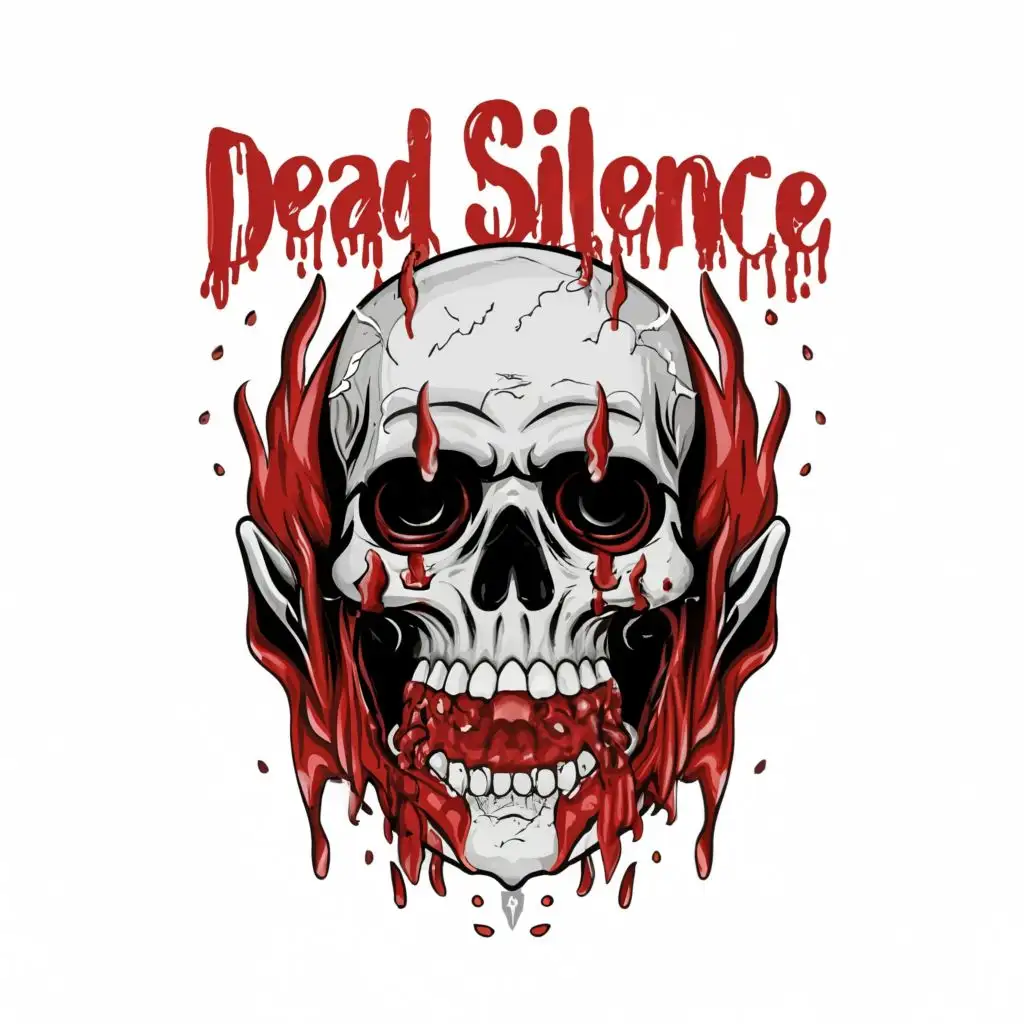 logo, a sad blood skull with blood falling out of the scary eyes white background dead silence under the frozen skull, with the text "dead silence", typography