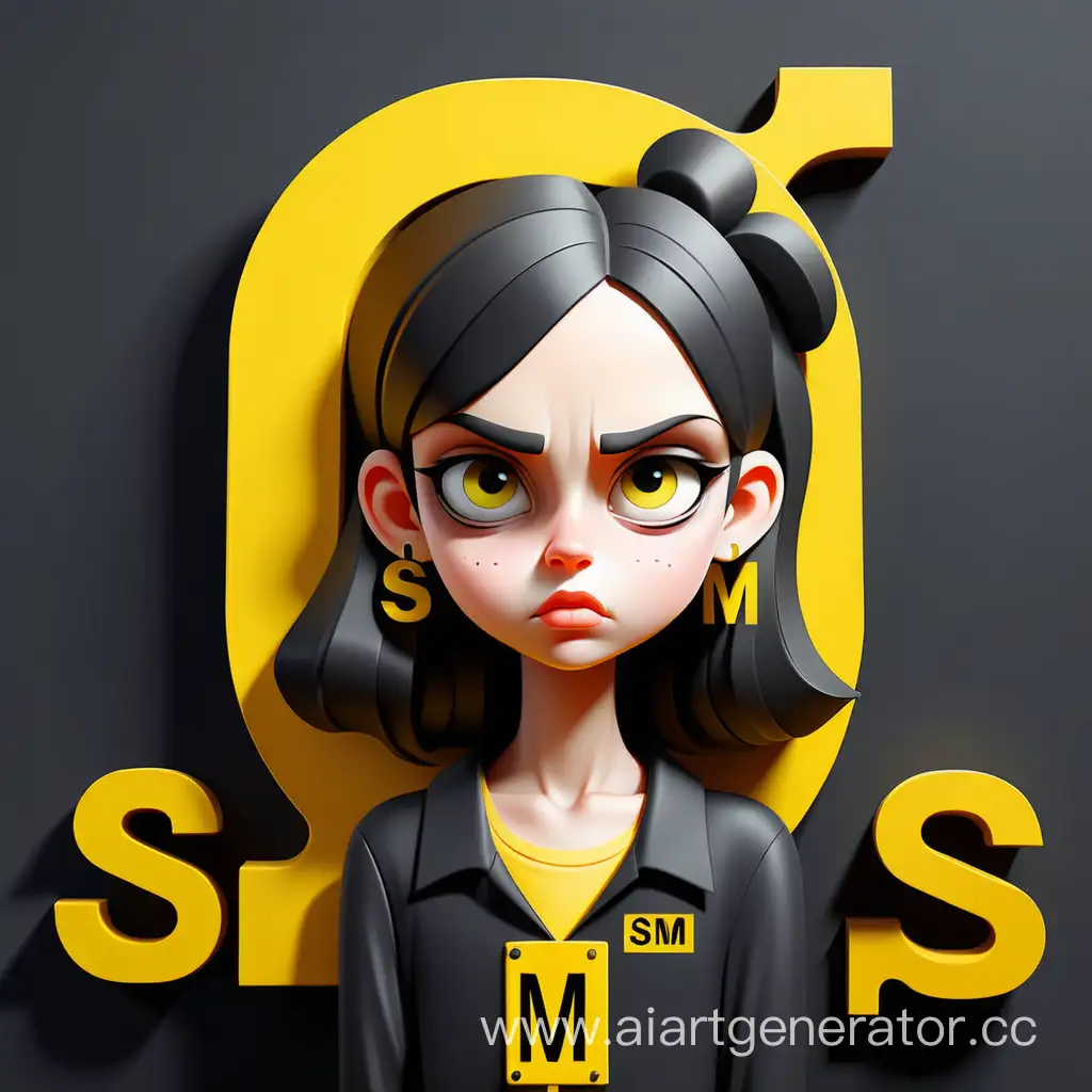 плоская иллюстрация строгая девушка 
около крупных букв S M M в желто чёрных цветах
