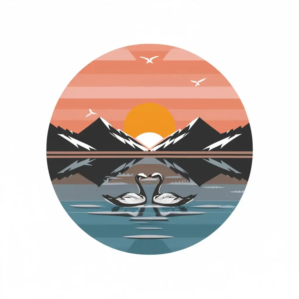 a logo design,with the text "lake's sunset, two wild geese, simple mountains, sunset's reflection", main symbol:Lake during sunset, two wild geese, simple mountains, reflection of the sunset,Minimalistic,clear background