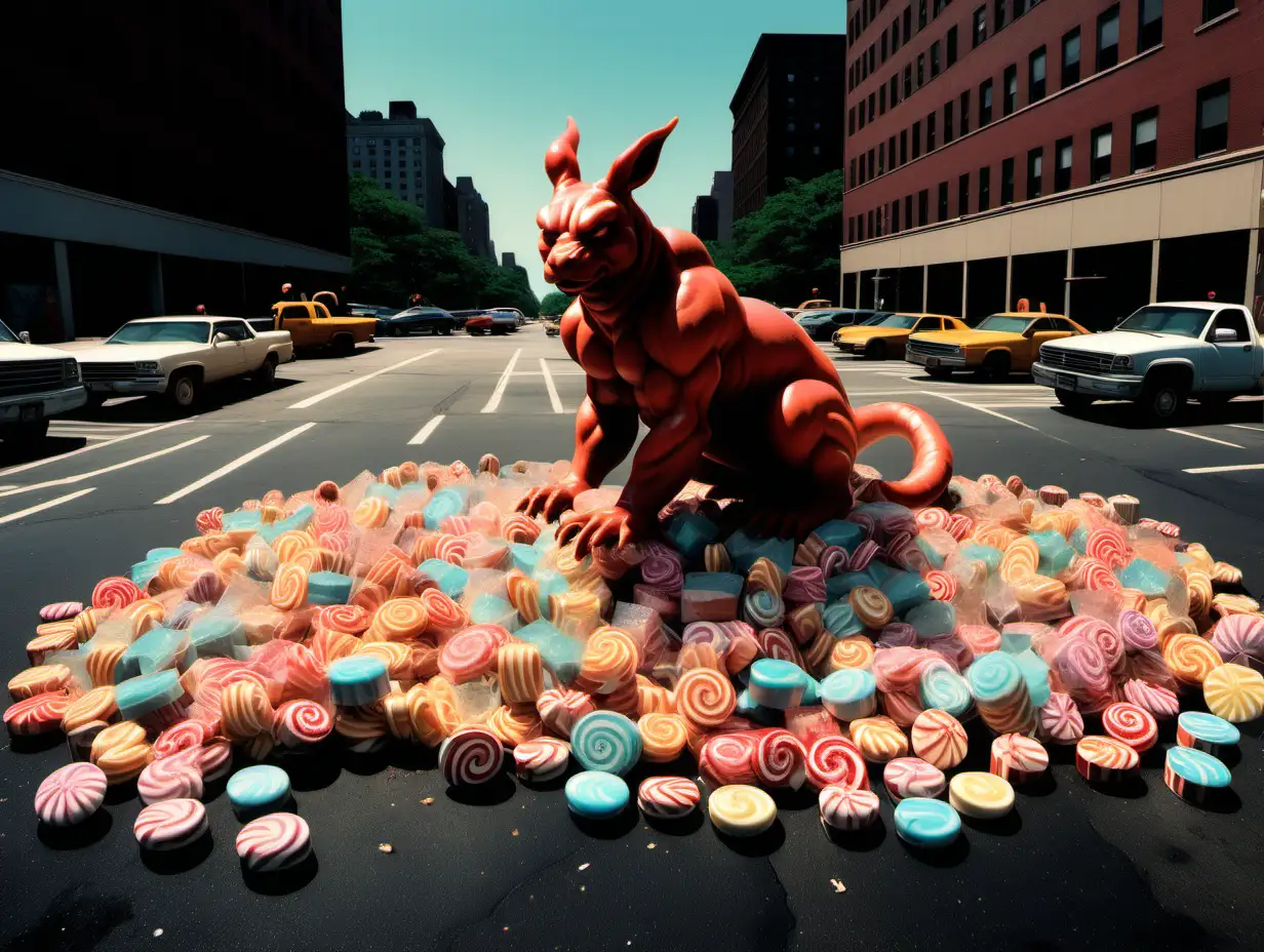 Candy story in the middle of a parking lot in NYC surrounded by imaginary animals Frank Frazetta style
