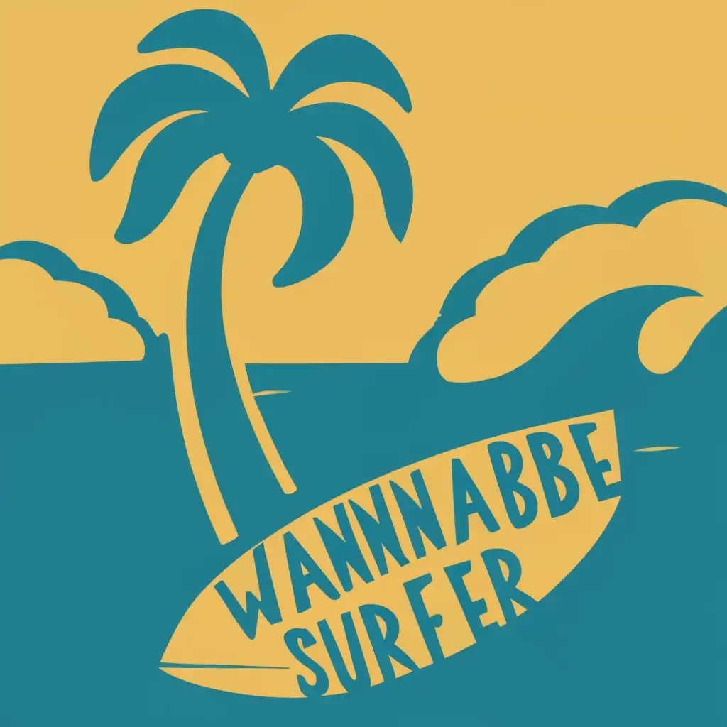 logo, surfboard, beach, ocean, palm tree, with the text "wannabesurferclub", typography
