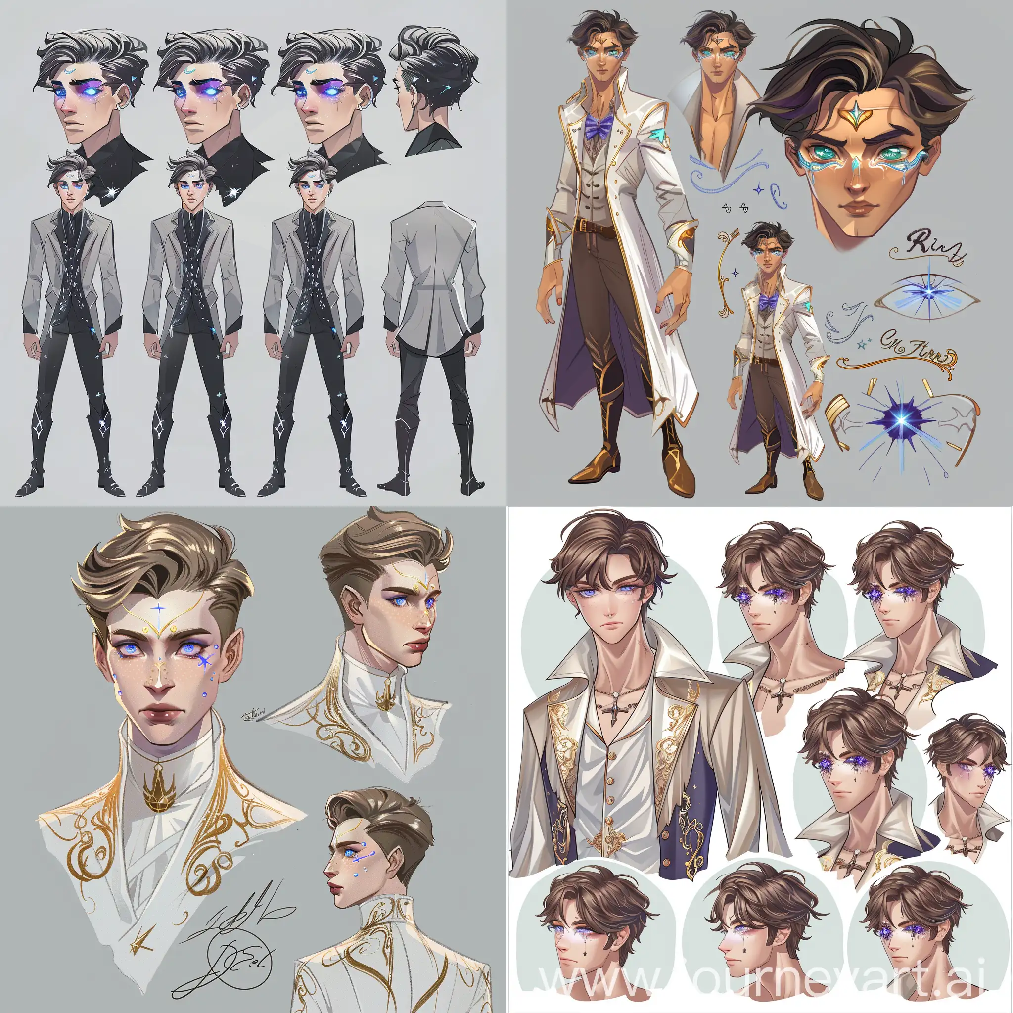 Male, boy, Detailed face, character design sheet full body ,cute, serious, elegant clothes ,Strong ,purple blue Star eyes 