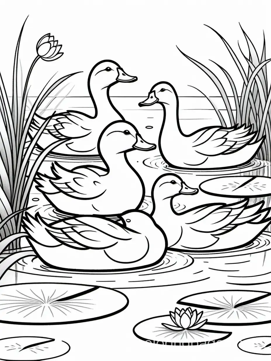 A family of ducks swimming in a pond, with water lilies in the background, designed as a simple coloring page., Coloring Page, black and white, line art, white background, Simplicity, Ample White Space. The background of the coloring page is plain white to make it easy for young children to color within the lines. The outlines of all the subjects are easy to distinguish, making it simple for kids to color without too much difficulty
