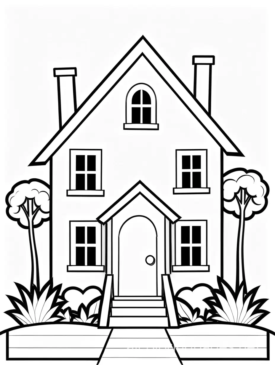 house, Coloring Page, black and white, line art, white background, Simplicity, Ample White Space. The background of the coloring page is plain white to make it easy for young children to color within the lines. The outlines of all the subjects are easy to distinguish, making it simple for kids to color without too much difficulty