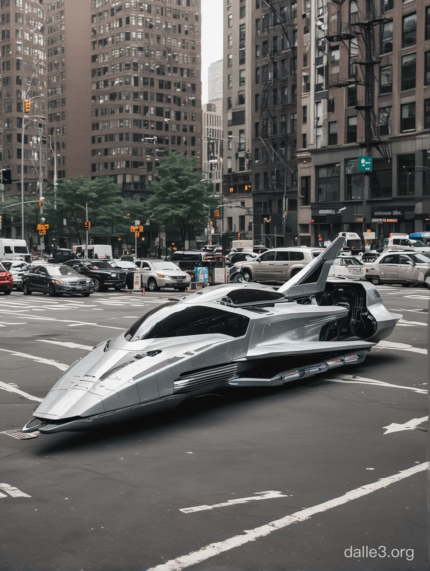 A futuristic spaceship is parked in a car parking lot in New York.