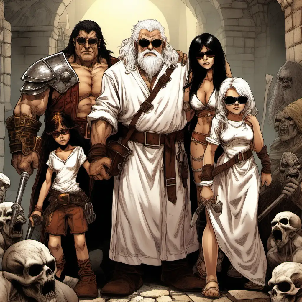 old rich halfling with white hair wearing white robe and sunglasses and his hot servant girl.
They are  accompagnied by a young halfling housewife with  dark hair  she has a  big two handed hammer. Behind them there is a muscular tall human barbarian with brown hair taller than everyone and with black hair behind them. PLEASE DON'T ADD ANY CHILDREN. DON4T ADD ANY CHILDREN OMG