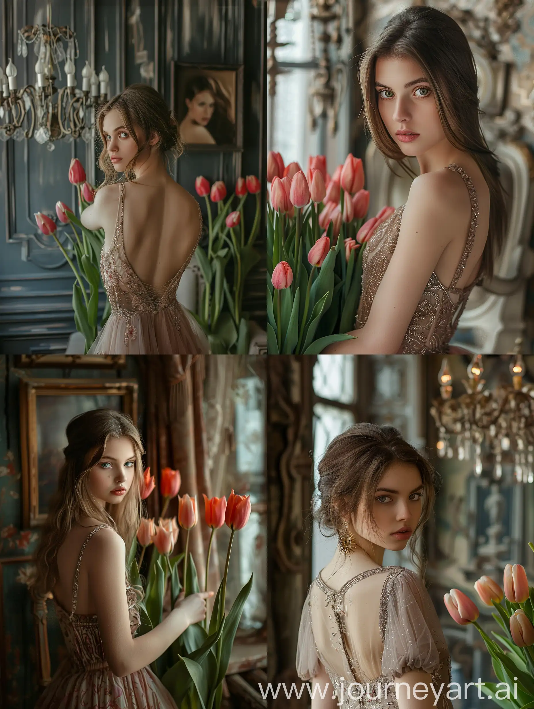 Photo shoot beautiful interior,Girl with tulips in a dress looking in front of her realistix