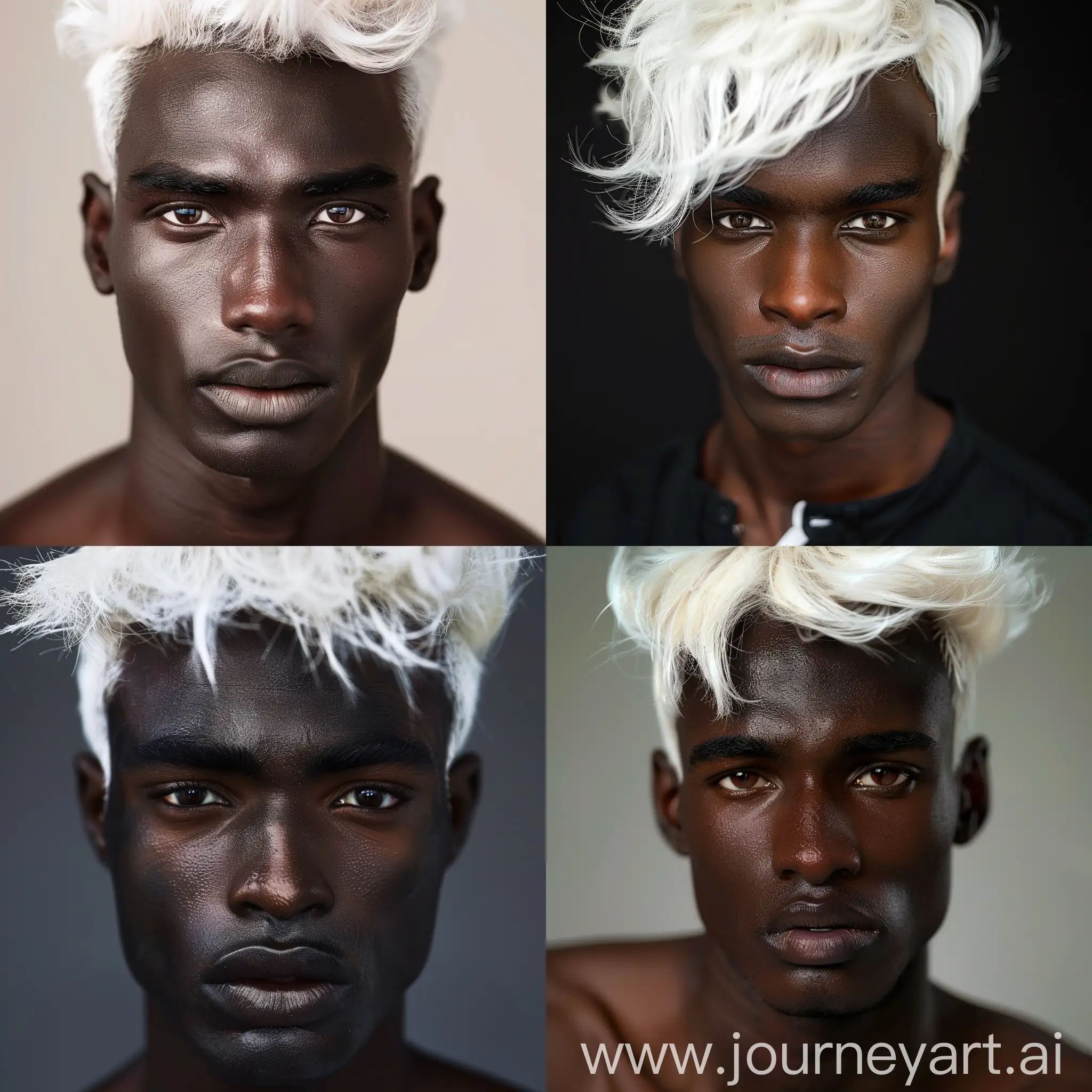 realistic photo of an androgynous attractive young man with dark skin and white hair