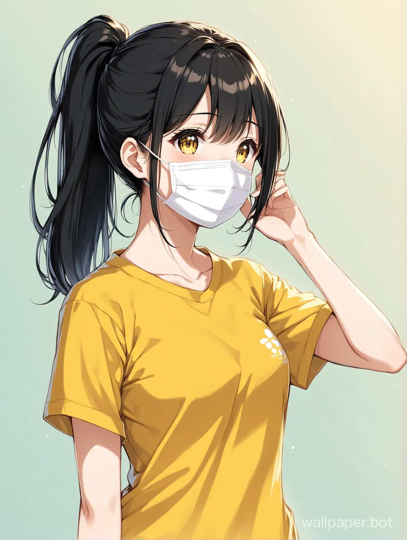 anime girl, cute, black ponytail hair, white medical facemask, yellow T-shirts